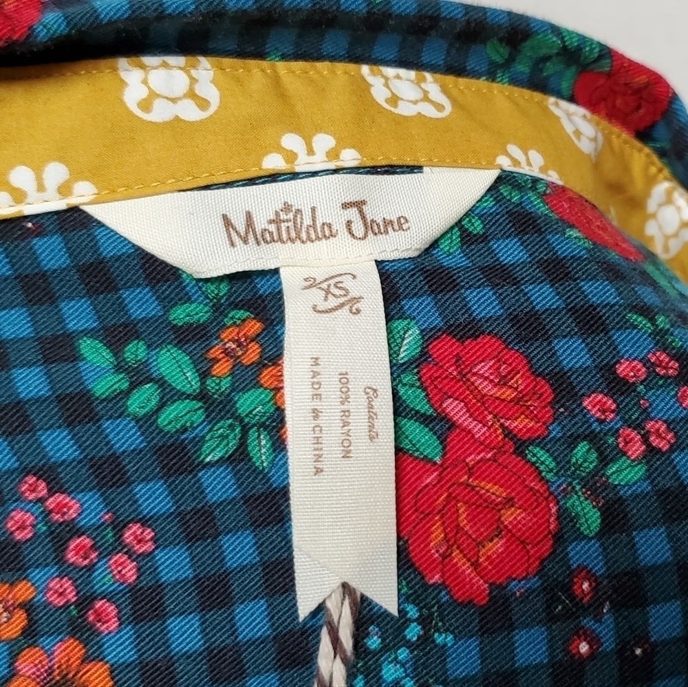 MATILDA Jane Fa La La Blue Plaid Red Rose Floral Button Up Midi Dress XS - Picture 14 of 14